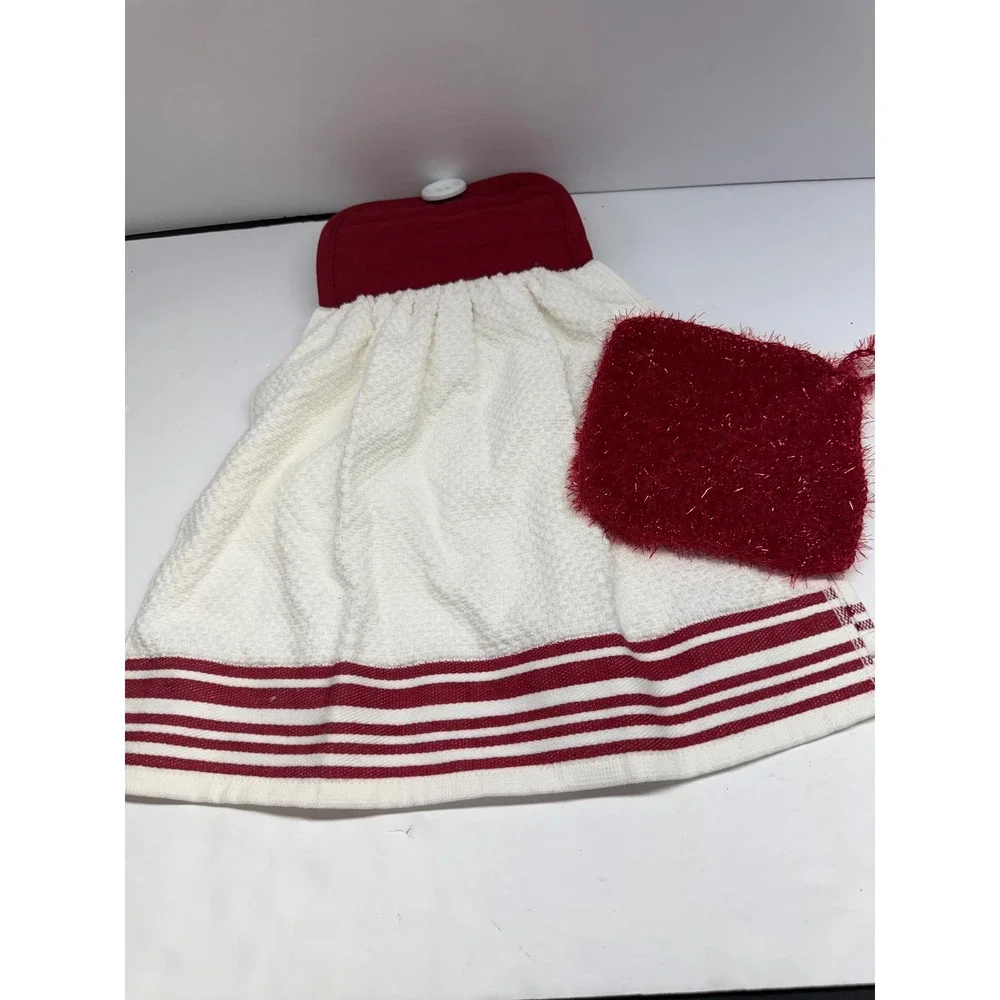 Handmade Red White Hanging Kitchen Towel with Button Topper and Scrubby Set